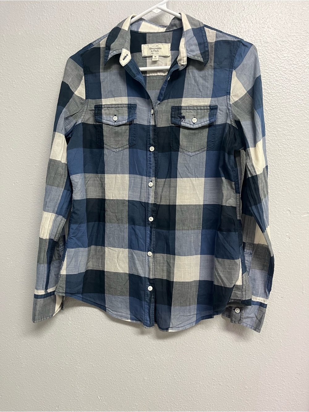 Abercrombie & Fitch Vintage Blue and Grey Plaid Button-Up Shirt